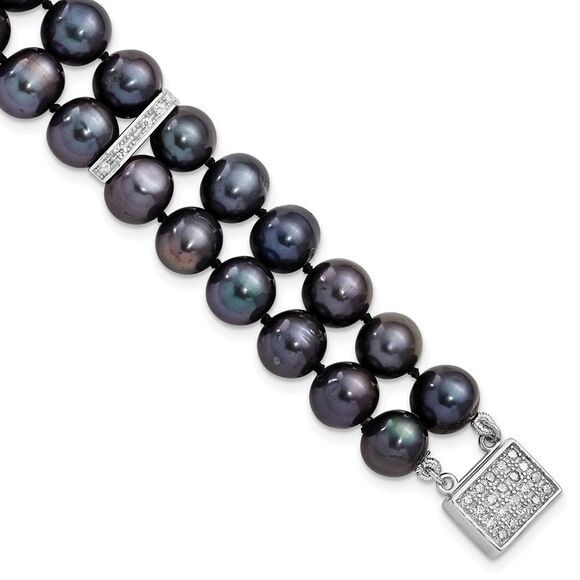 Kazi Luxury Sterling Silver RH 7-8mm Black FWC Pearl CZ 2-strand Bracelet